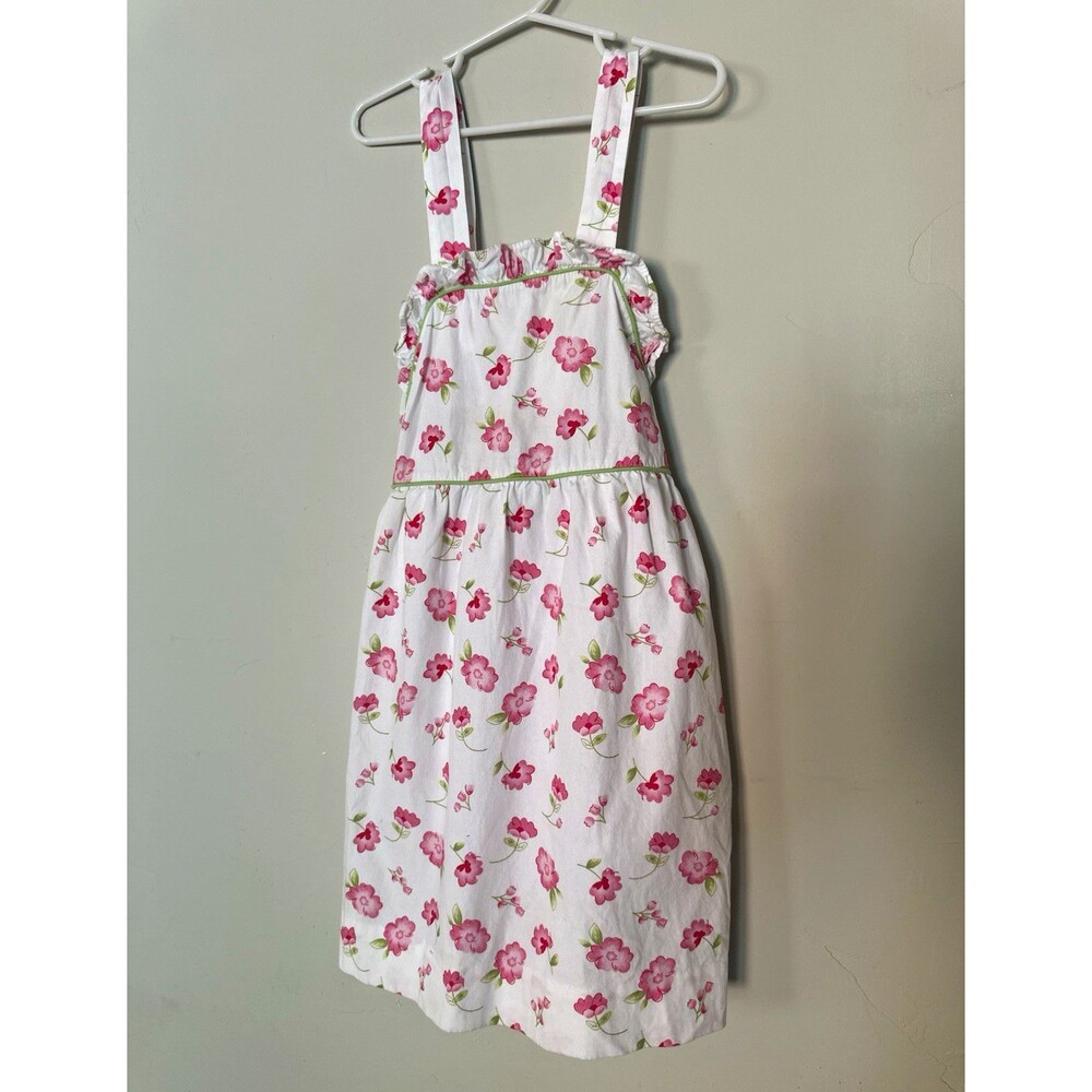 Little English Girls Size 5 Sundress White Pink Green Floral Cotton Knee Length